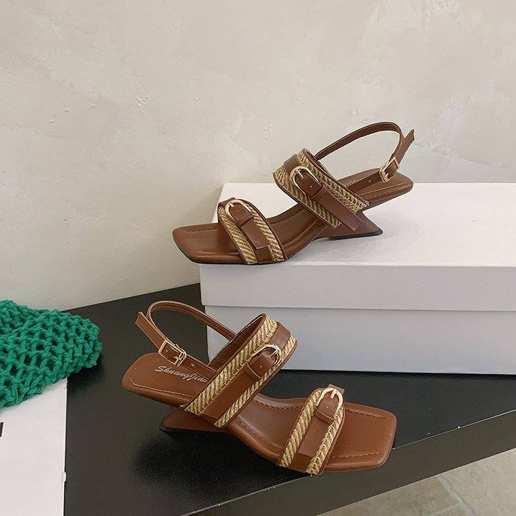 2026 Summer New Women Woven French Retro Open Toe Wedge Slide Sandals, Belt Buckle High Heel Outdoor Slippers