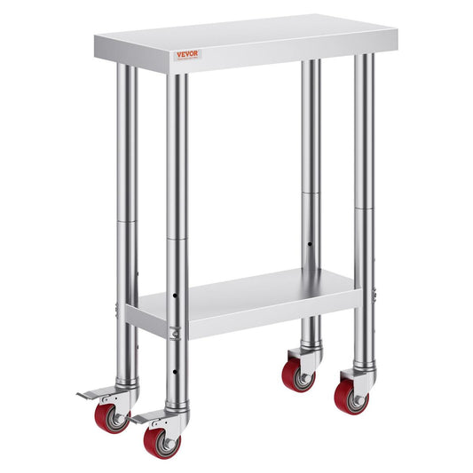 Stainless Steel Work Table 12 X 24 X 34 Inch, 700 LBS Load Capacity With 4 Wheels, 3 Adjustable Height Levels, Heavy Duty Food Prep Worktable For Commercial Kitchen Restaurant, Silver
