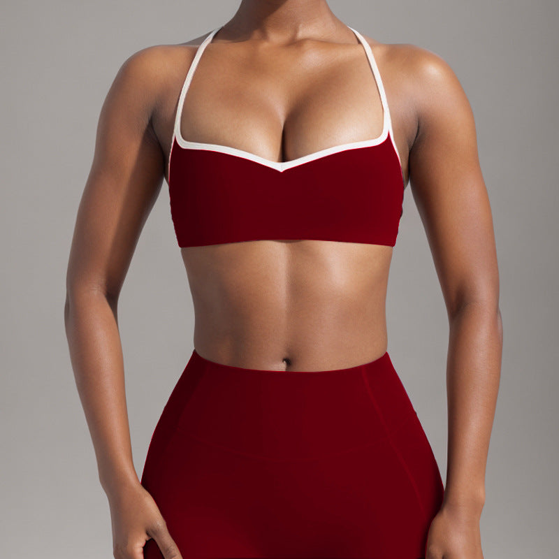 Women's Simple Nude Feel Beauty Back Exercise Contrast Color Bra Yoga Pants