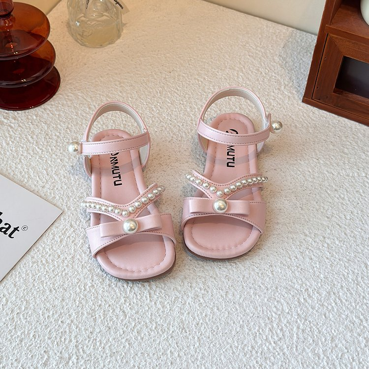 2026 Summer New Girls' Korean-Style Princess Sandals, Little Girls' Bow & Pearl Soft-Slip Non-Slip Beach Shoes
