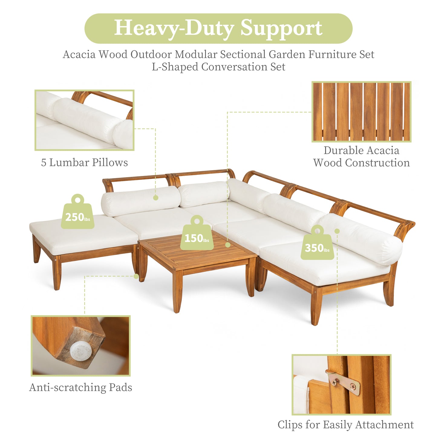 TOPMAX 6 Piece Patio Sofa Set, Acacia Wood Outdoor Modular Sectional Garden Furniture Set L-Shaped Conversation Set, Convertible Daybed With Tea Table, Ottoman, 5 Cushions And Pillows, Teak Beige