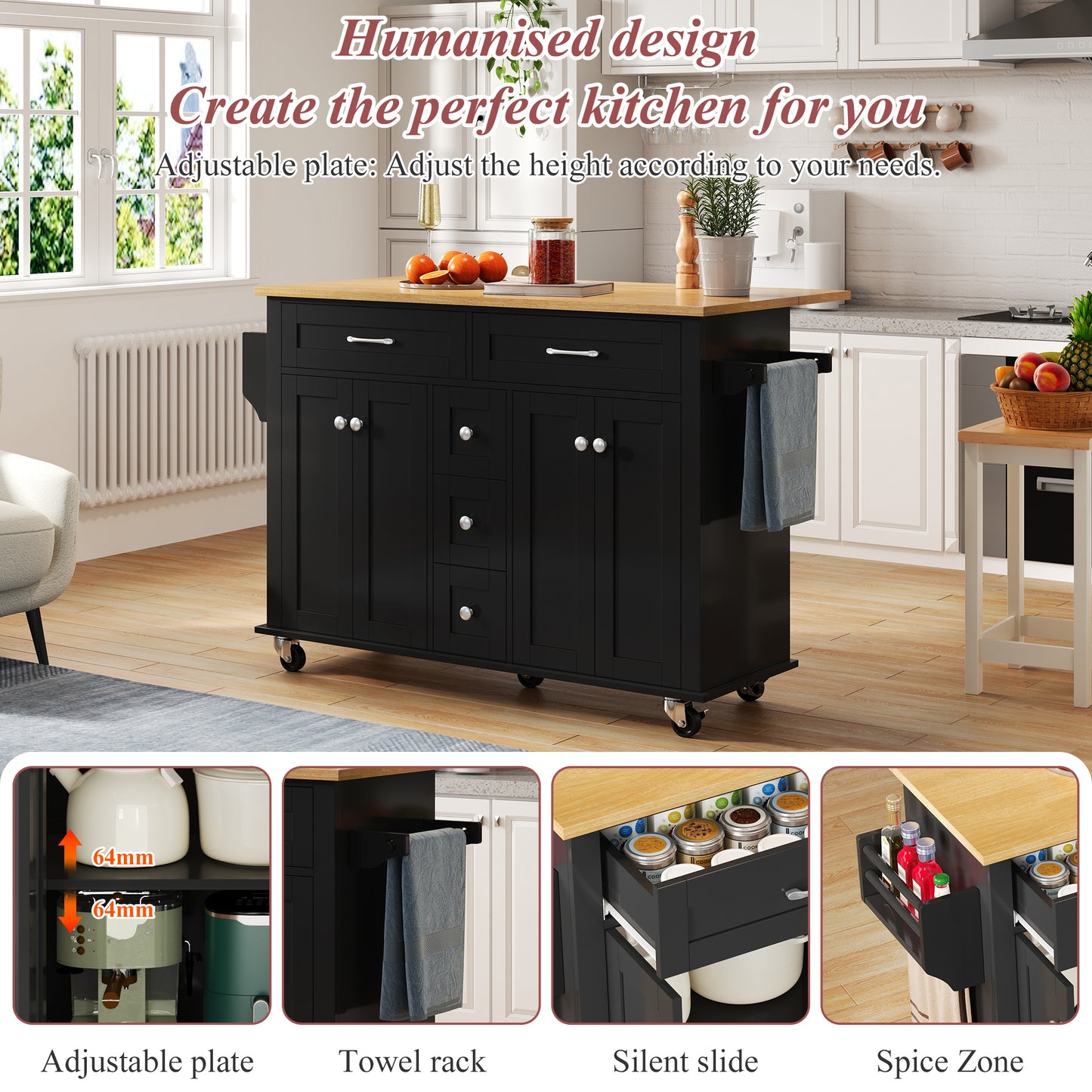 Kitchen Island On Wheels, Dropleaf  Trolley, Rolling Cart With Foldable Countertop,  5 Drawers, Spice & Towel Holders,lockable Wheels, For Kitchen, Dining Room & Living Room,120x65x89 Cm