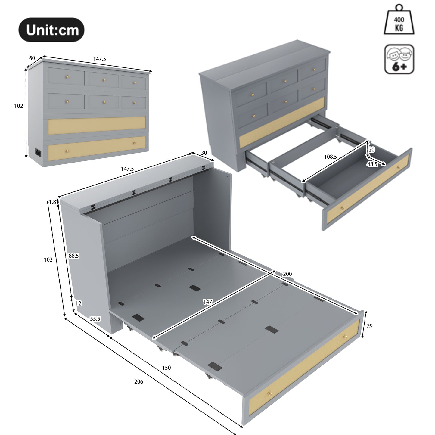 Murphy Bed, 140 X 200, Mobile Murphy Bed With Drawers At The End Of The Bed And Shelf At The Head Of The Bed, With USB And Socket, Convertible Platform Bed, Without Mattress, Grey