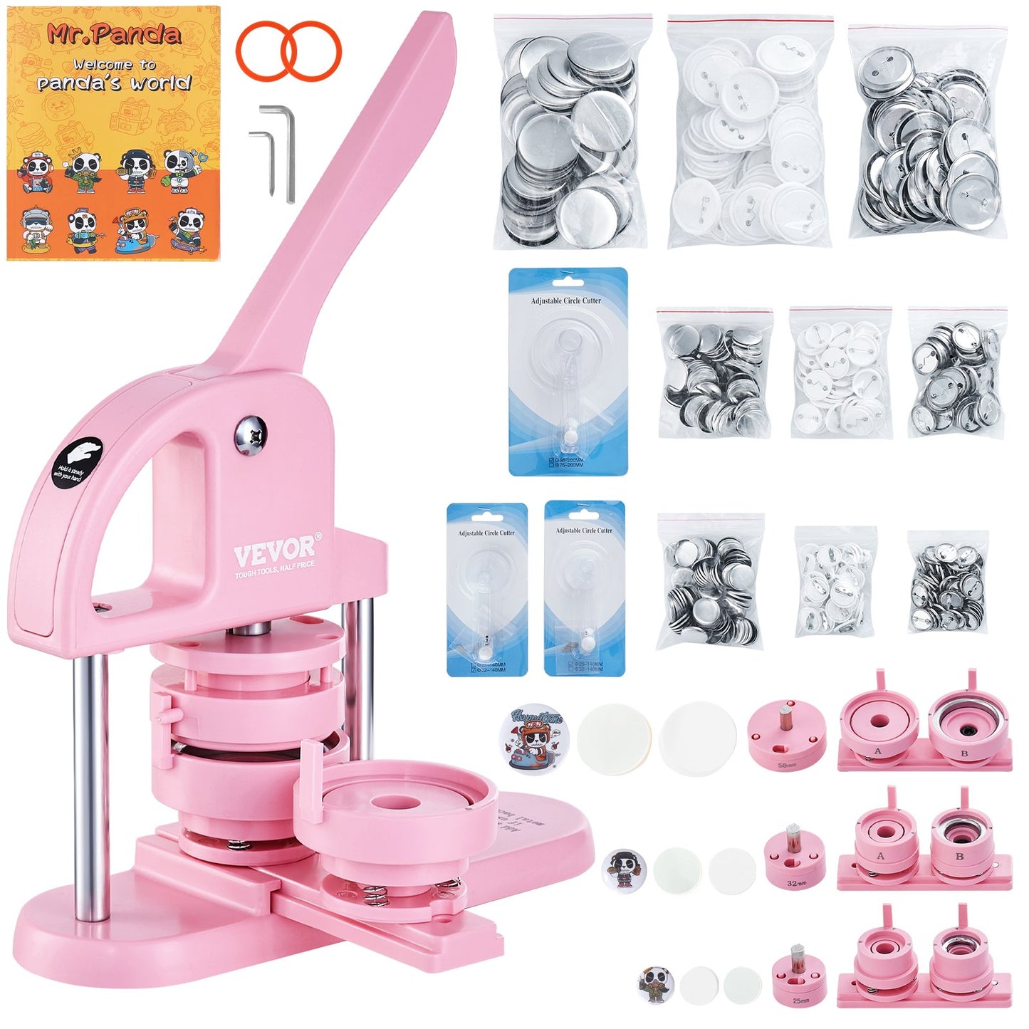 3-IN-1 Button Maker,  300pcs Button Parts,Button Maker Machine With Panda Magic Book, Ergonomic ArcHandle Punch Press Kit, For Children DIY Gifts