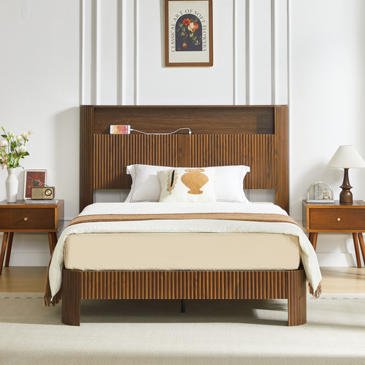 Full Extra Long Full XL  Size Bed Frame With Storage Headboard, Built-in Charging Station, Wavy Curved Lines Design, Silent Operation, Metal Support, Walnut