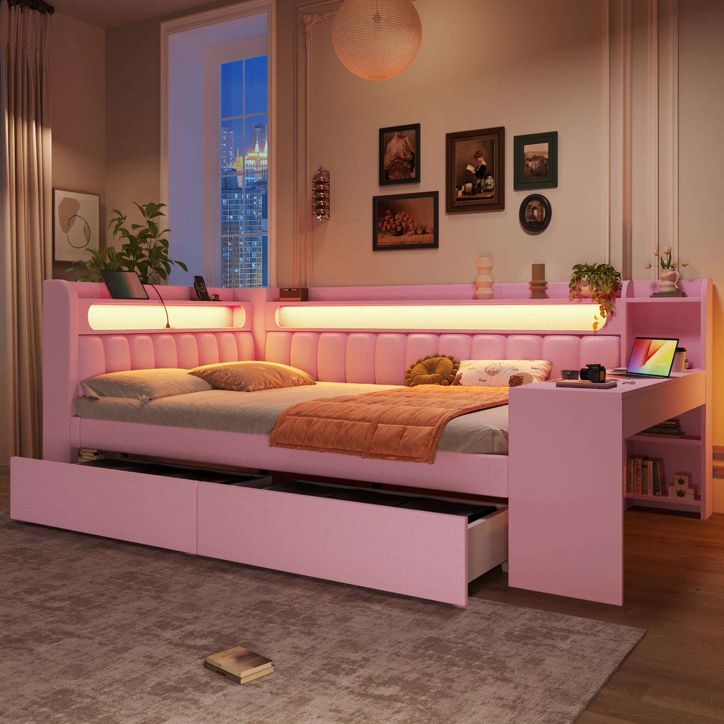 140x200 Padded Daybed With USB Ports And LED Belt, With Desk And 2 Drawers, Pink
