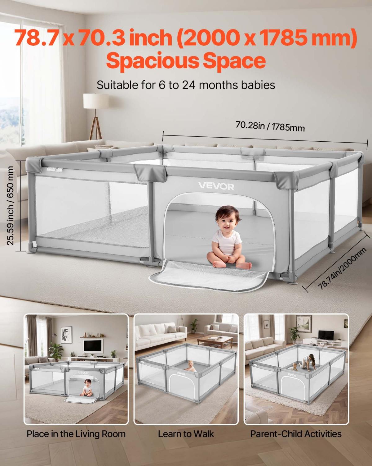 Baby Playpen, 78.7″ X 70.3″ Extra Large Playpen For Babies Toddlers, Indoor/Outdoor Baby Fence Play Yard, No-Gap Safety Activity Center With 50 Ocean Balls, Zippered Door & Soft Breathable Mesh