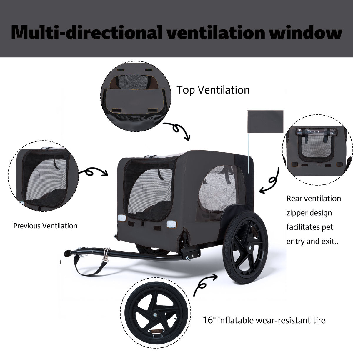Outdoor Heavy Duty Collapsible Pet Bike Trailer With 16-Inch All-Terrain Wheels & Universal Hitch - Foldable Dog Cargo Carrier Cart For Bicycles, Black Dark Gray