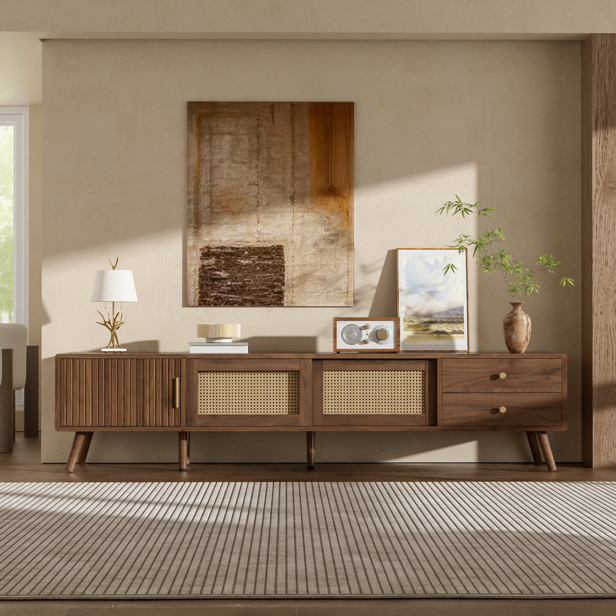 76" Modern Rattan Doors TV Stand for TVs up to 85 Inches, Wood-Grain Entertainment Center with Storage Cabinets, TV Media Console Table for Living Room, Bedroom
