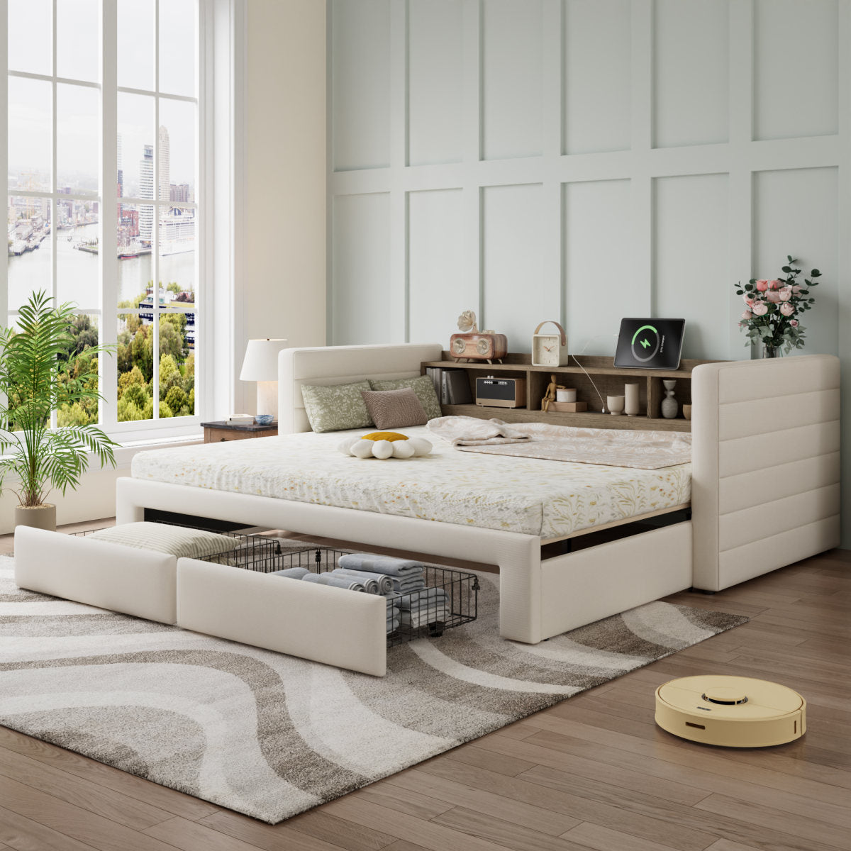 Upholstered Bed, Daybed With Pull Out Trundle, 3FT Single Bed 90x190cm, Daybed Sofa Bed, Storage Drawers, Modern Youth Bed, With Storage Space, For Adults & Teenagers, Easy Assembly, Linen, Beige