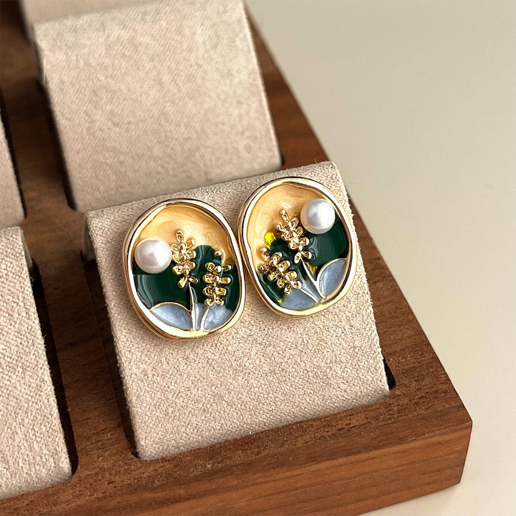 Retro Pearl Enamel Earrings Women French Vintage Style Stud Earrings Premium Fashion Jewelry