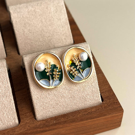 Retro Pearl Enamel Earrings Women French Vintage Style Stud Earrings Premium Fashion Jewelry