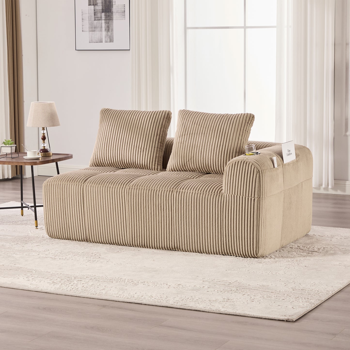 Cozy Corduroy Fabric Two-Seater Sofa  Without Assembly, Soft Back Cushions, Side Storage Pocket For Remote Control And Mobile Phone, Integrated Cup Holder  Neat And Aesthetic.
