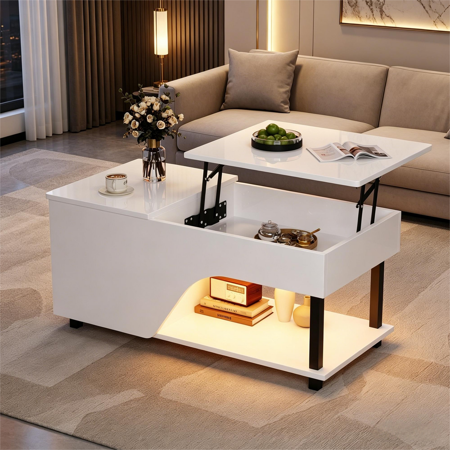 50 X 100 X 46cm Height Adjustable Living Room Coffee Table,Side Table With Hidden Storage,Openwork Coffee Table,High Gloss LED Sofa Table,Tea Table With Side Shelf,White
