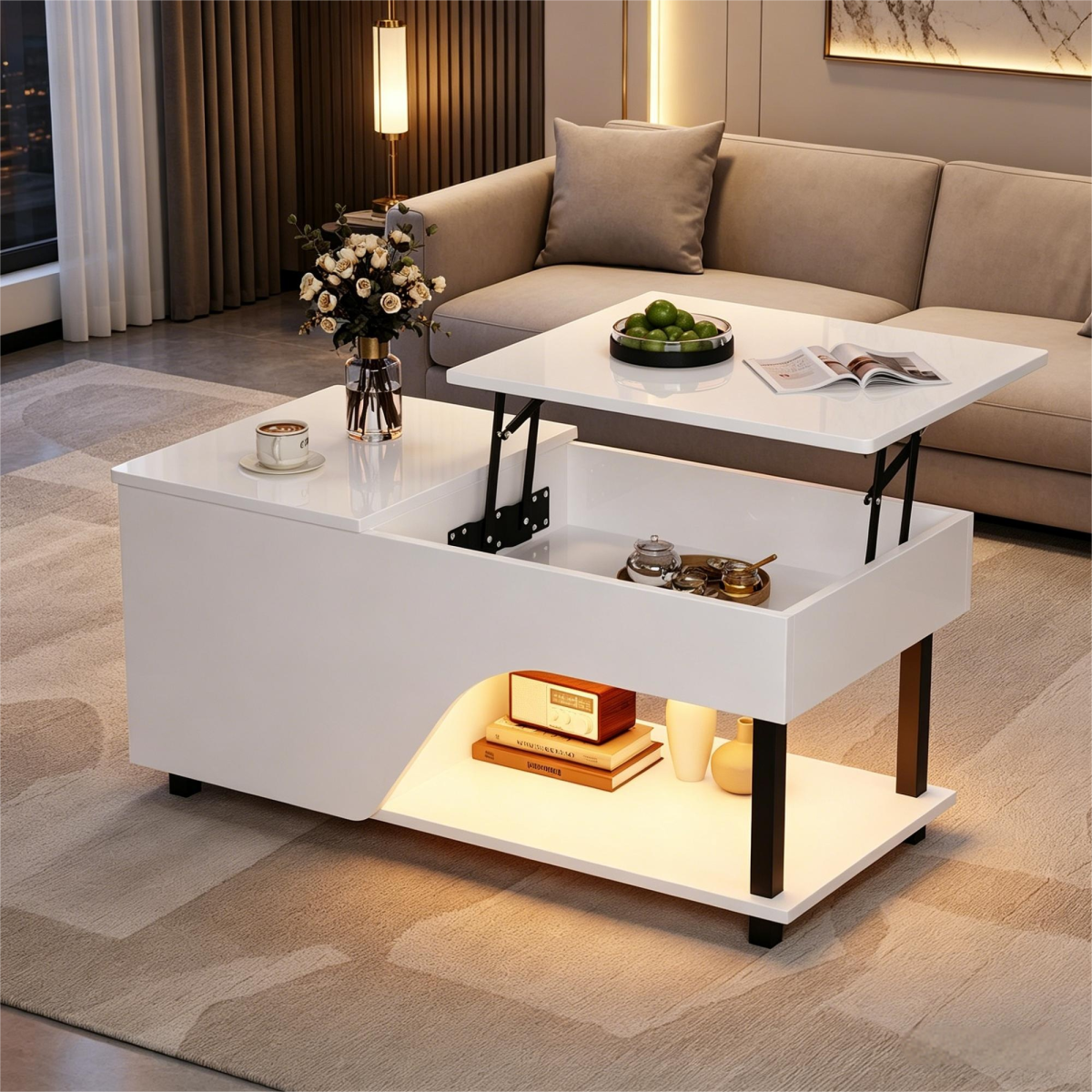 50 X 100 X 46cm Height Adjustable Living Room Coffee Table,Side Table With Hidden Storage,Openwork Coffee Table,High Gloss LED Sofa Table,Tea Table With Side Shelf,White