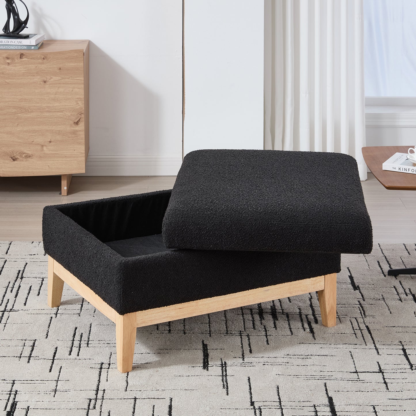 33.86 W Upholstered Wood Base Storage Ottoman With Reversible Lid Coffee Table, Foot Stool Square Footrest With Rubberwood Legs For Living Room Bedroom Entryway And Office,Black Boucle.