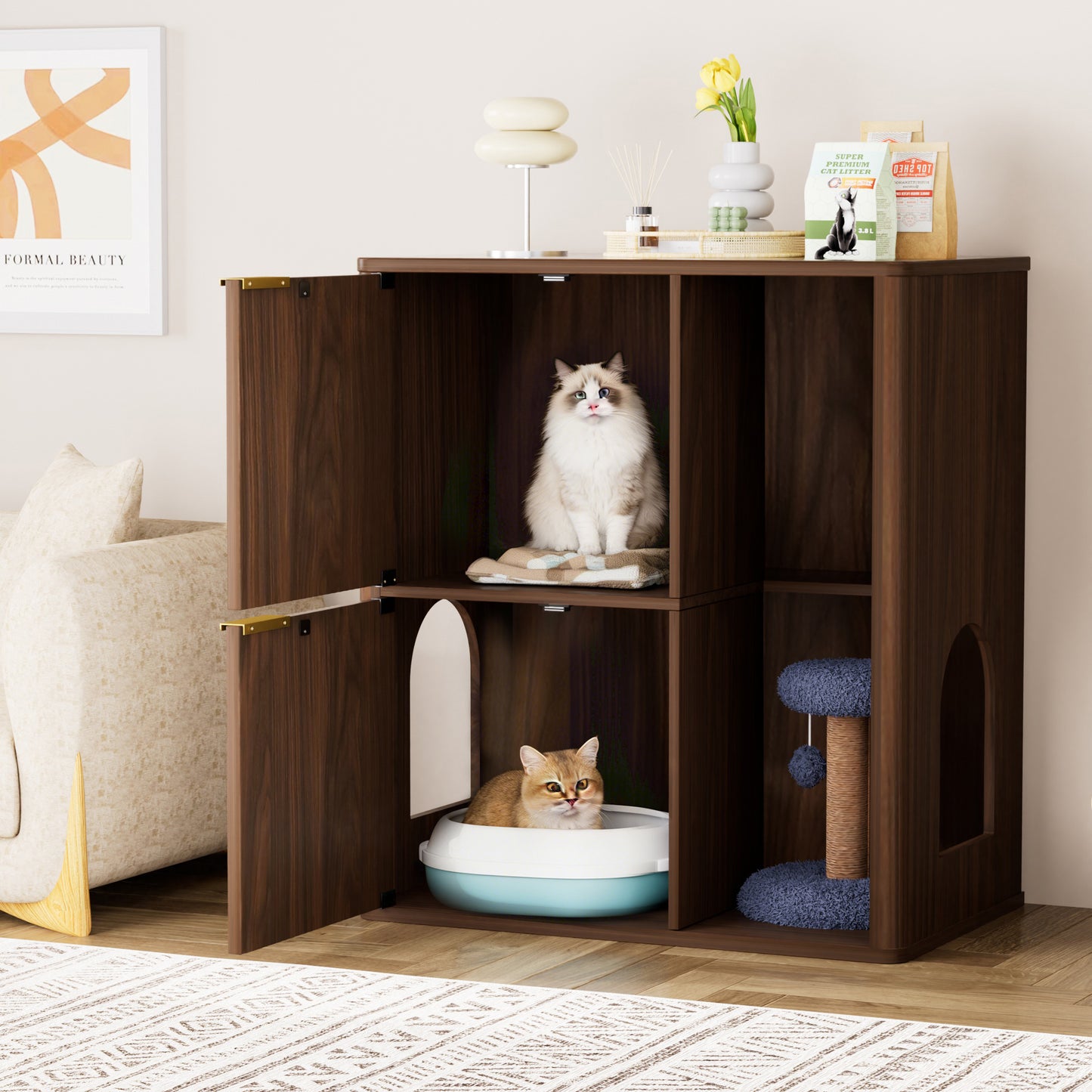 31.5-inch Walnut Cat Litter Cabinet With Cat Tree - Grooved Concealed Litter Furniture Featuring Dual Cat Doors And Storage Shelves, Versatile Pet Cabinet For Living Rooms Or Bedrooms