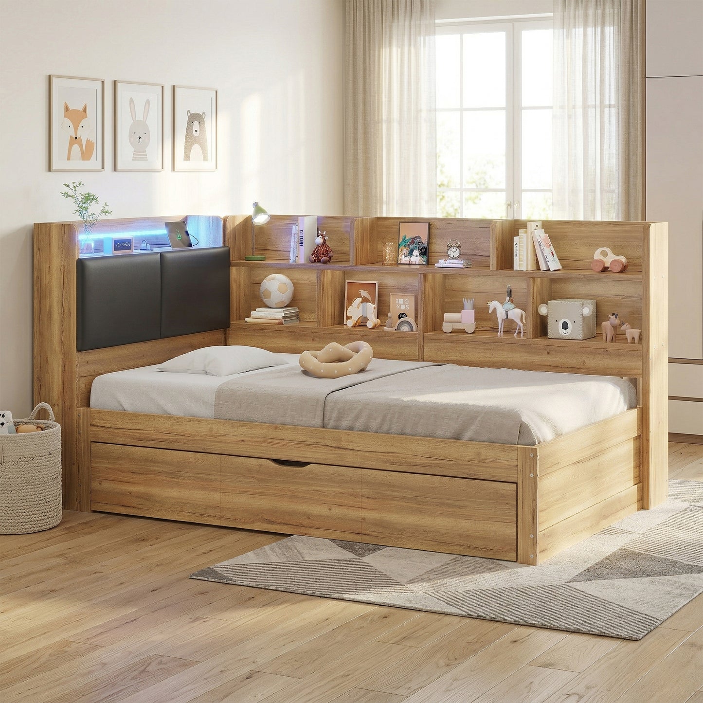 Children's Bed, Storage Bed 90x200 With LED Lighting, USB Charging Ports And Pull-out Bed 90x190cm, Daybed, L-shaped Wooden Bed, Daybed With Shelves, Natural Colour