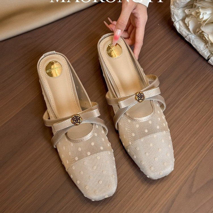 Treasure Pavilion 5cm Heightening Square Toe Single Strap Mesh Sandals, Bow Decor Closed Toe Wedge Slippers For Women