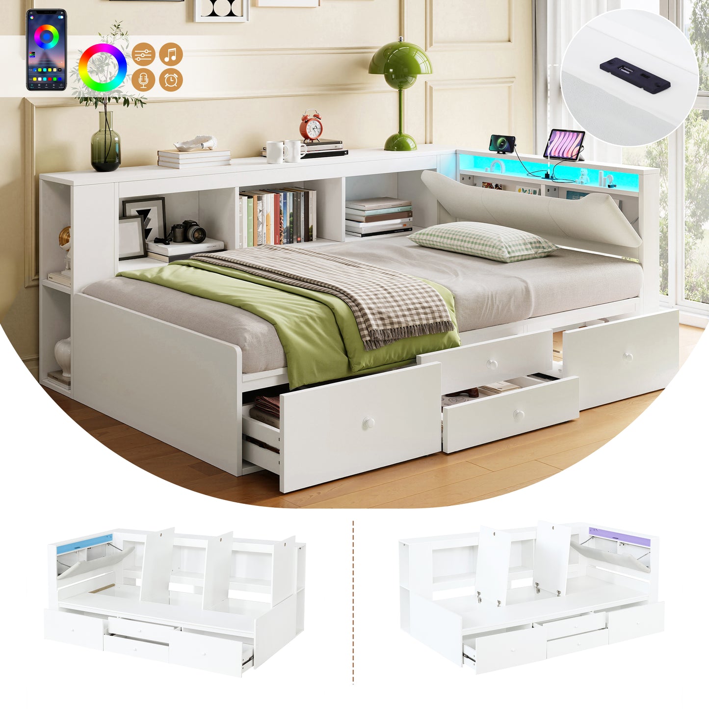 3ft Single Tatami Wooden Bed Frame With Underbed Storage And Drawers, LED Linen Headboard With Charging Station And Concealed Headboard Storage, Bedside Bookshelf Compartment, White  No Mattress
