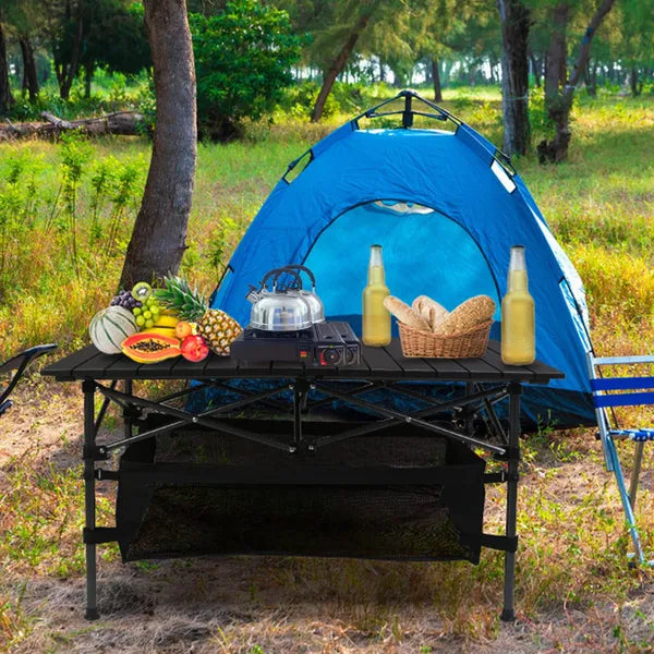 220 Lbs Folding Camping Table - 30-Second Tool-Free Setup, Aluminum Roll-Top & Steel Frame, Detachable Mesh Basket, Portable Outdoor Picnic&BBQ&Beach Table With Carry Bag