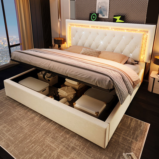 Upholstered Bed 160x200 Cm Velvet Double Bed With LED Diamond Band In The Headboard, USB & Type-C Charging Station, Hydraulic Bed Box, Youth Bed With Storage Space And Slatted Frame, Beige