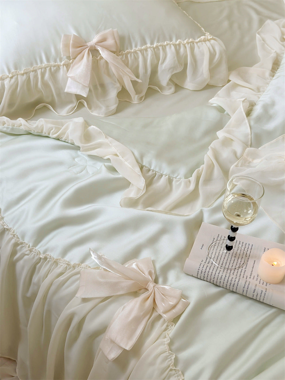 Pure Color Ruffles Princess Style Summer Quilt Tencel Summer Cooling Duvet Airable Cover Four-piece Set