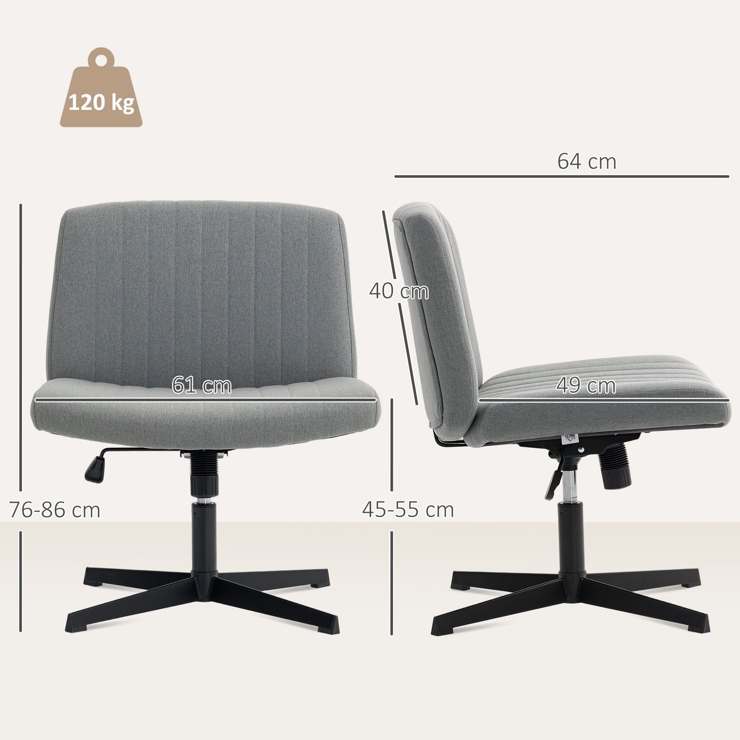 Armless Office Chair No Wheels, Linen Fabric Criss Cross Legged Desk Chair With Wide Seat, Thick Padding, Tilt Function, Height Adjustable Swivel Computer Seat For Home, Grey