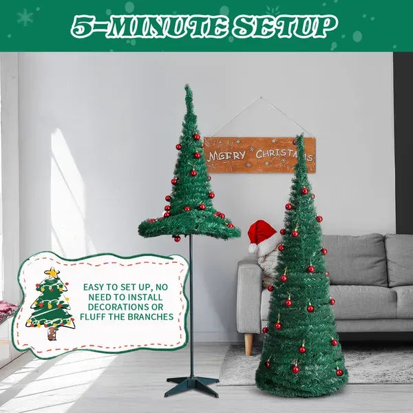 2 Pack, 6FT 5FT Artificial Pop Up Christmas Tree With Red Ball Ornaments For For Home Office Store Holiday Deco, Green