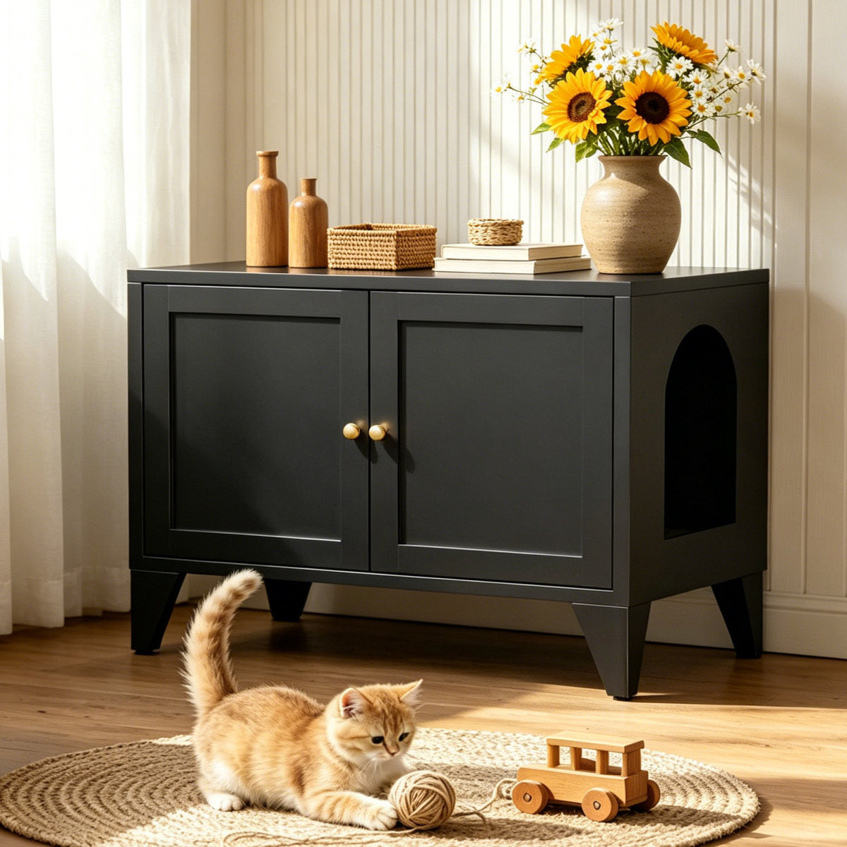 Metal Cat Litter Box Enclosure, Modern Hidden Litter Box Furniture Indoor Pet House, Freestanding Cat Washroom Cabinet Fits Most Standard Litter Boxes, Black Decorative Pet Side Table For Home