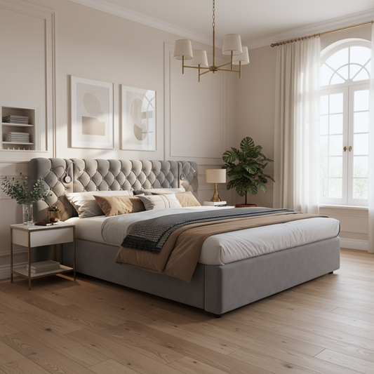 Upholstered Bed 180 X 200 Cm, Hydraulic Bed,storage Bed,double Bed,LED Lighting,soft Wide Headboard,with Lampwith Lighting And Storage Space, Wooden Slatted Base, Easy Assembly,velvet, Grey