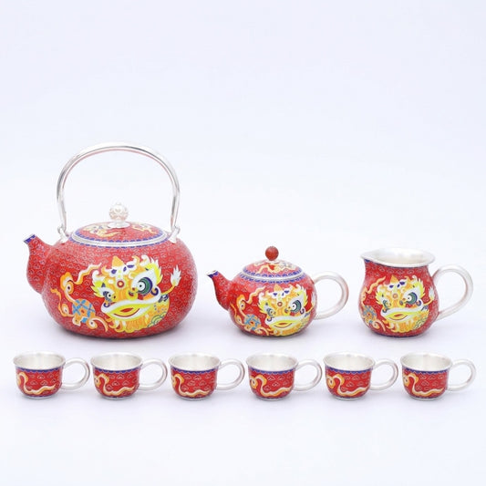 925 Sterling Silver Dragon Motif Tea Set: Traditional Red and Gold Ceramic Collection - Handicraft