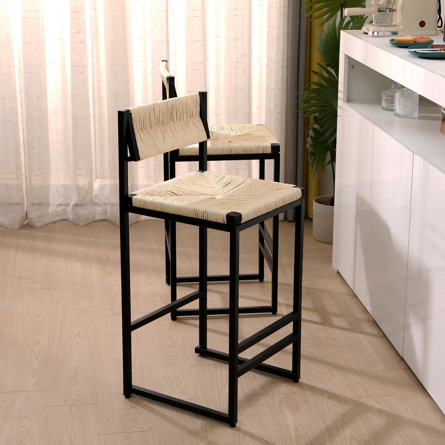 Creamy White Paper Rope Woven Bar Stools Set Of 2 Hand Weave Counter Stool With Footrest For Kitchen Island, Dining Room  Creamy White