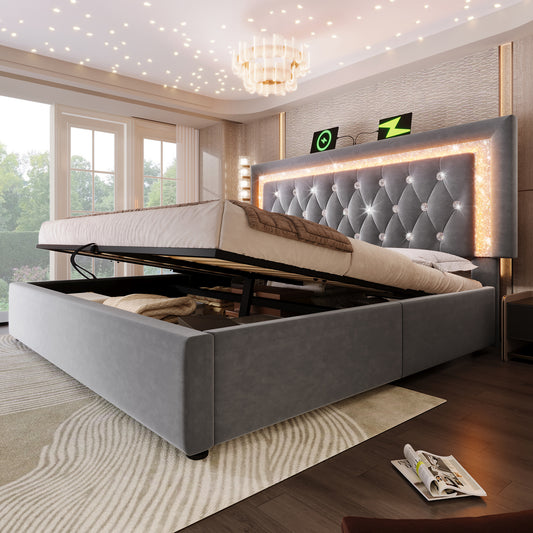 Upholstered Bed 140x200 Cm Velvet Double Bed With LED Diamond Stripes In The Headboard, USB & Type-C Charging Station, Hydraulic Storage Space, Youth Bed With Slatted Frame, Modern Functional Bed, Gre