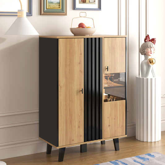Side Cabinets, Sideboard, Display Cabinets With Glass And LED Lighting. Includes Laminates, A Combination Of Black And Wood Colors, Unique Black Wood Strip Design  OLD SKU WF313229230SAA