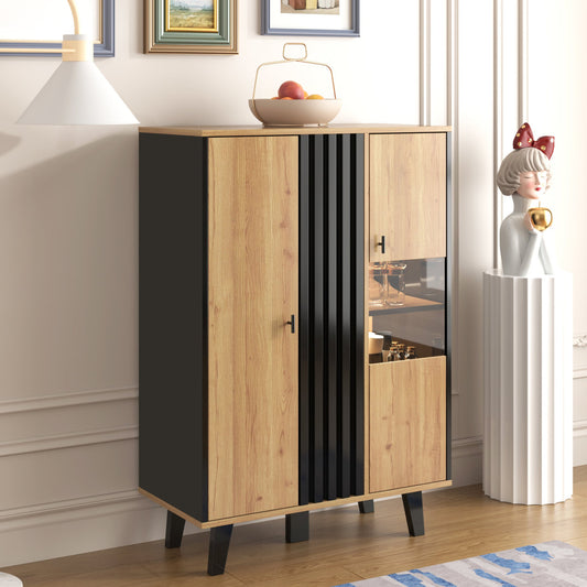 Side Cabinets, Sideboard, Display Cabinets With Glass And LED Lighting. Includes Laminates, A Combination Of Black And Wood Colors, Unique Black Wood Strip Design  OLD SKU WF313229230SAA