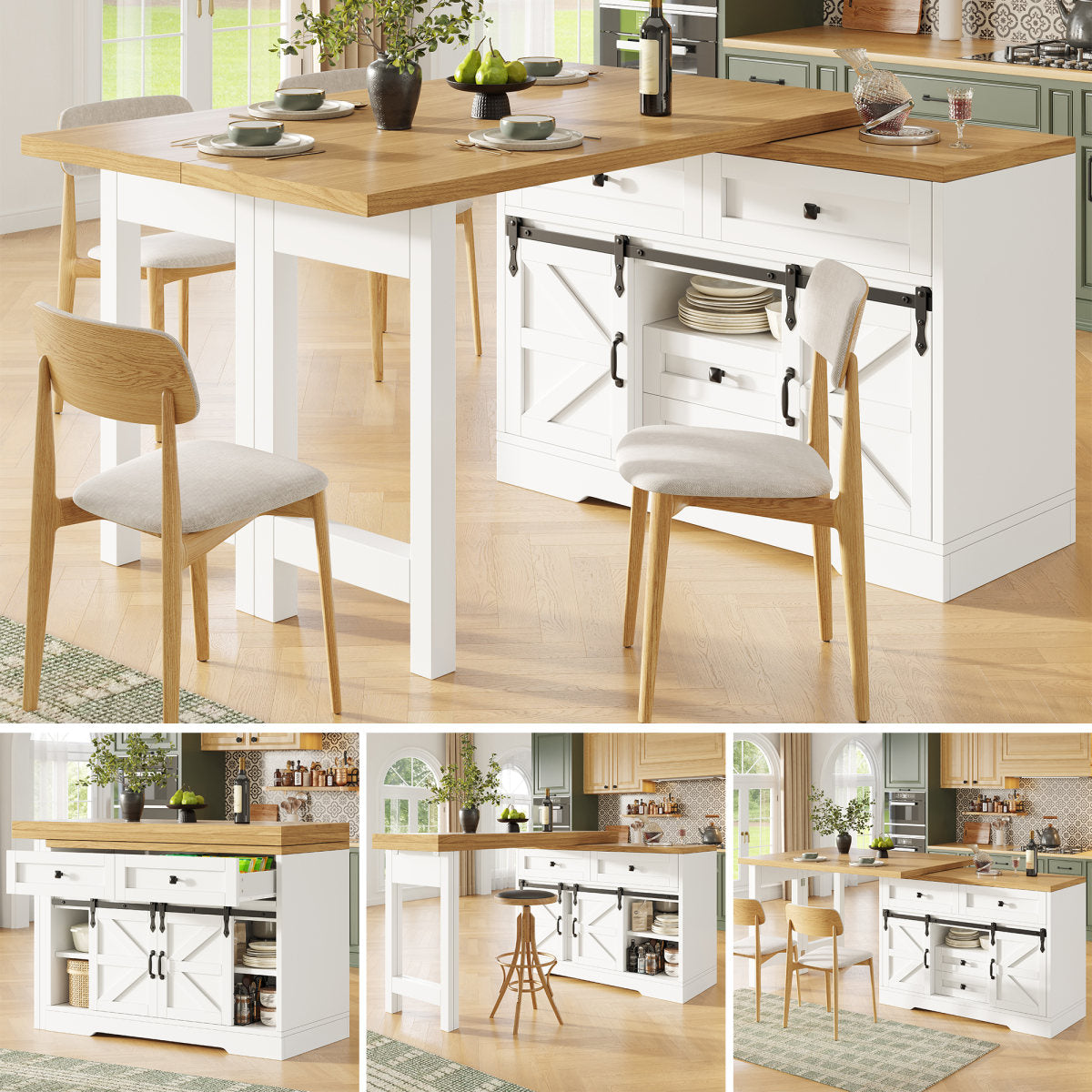 Extendable Sideboard & Dining Table Combo, Kitchen Storage Cabinet With Adjustable Shelves & Drawers, Multi-Functional & Space-Saving , White