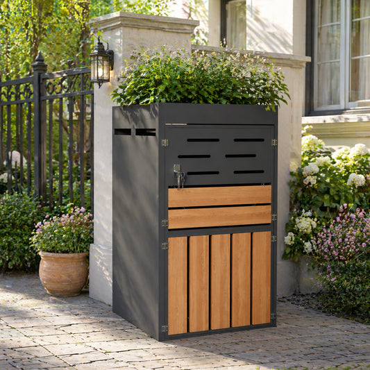 Multifunctional Outdoor Cabinet With Integrated Planter, Louvered Ventilation And Galvanised Steel Frame  Lockable Doors With Safety Chain For Storage & Garden Decoration, Without Waste Bin