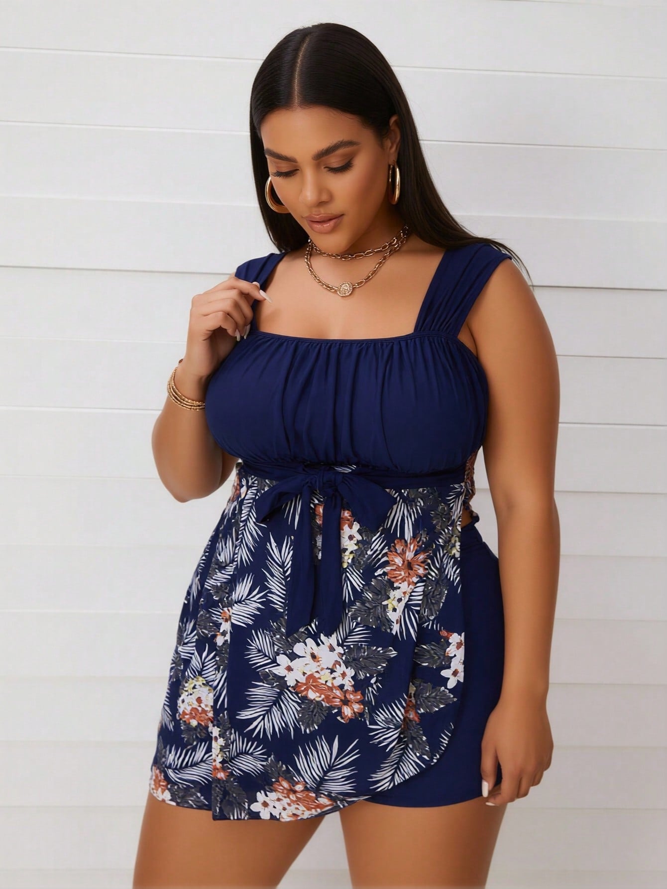 2026 New Plus Size Swimsuit Women's Navy Floral Print Tie-Front Swimdress Set For Beach Vacation, Modest & Slim Fit
