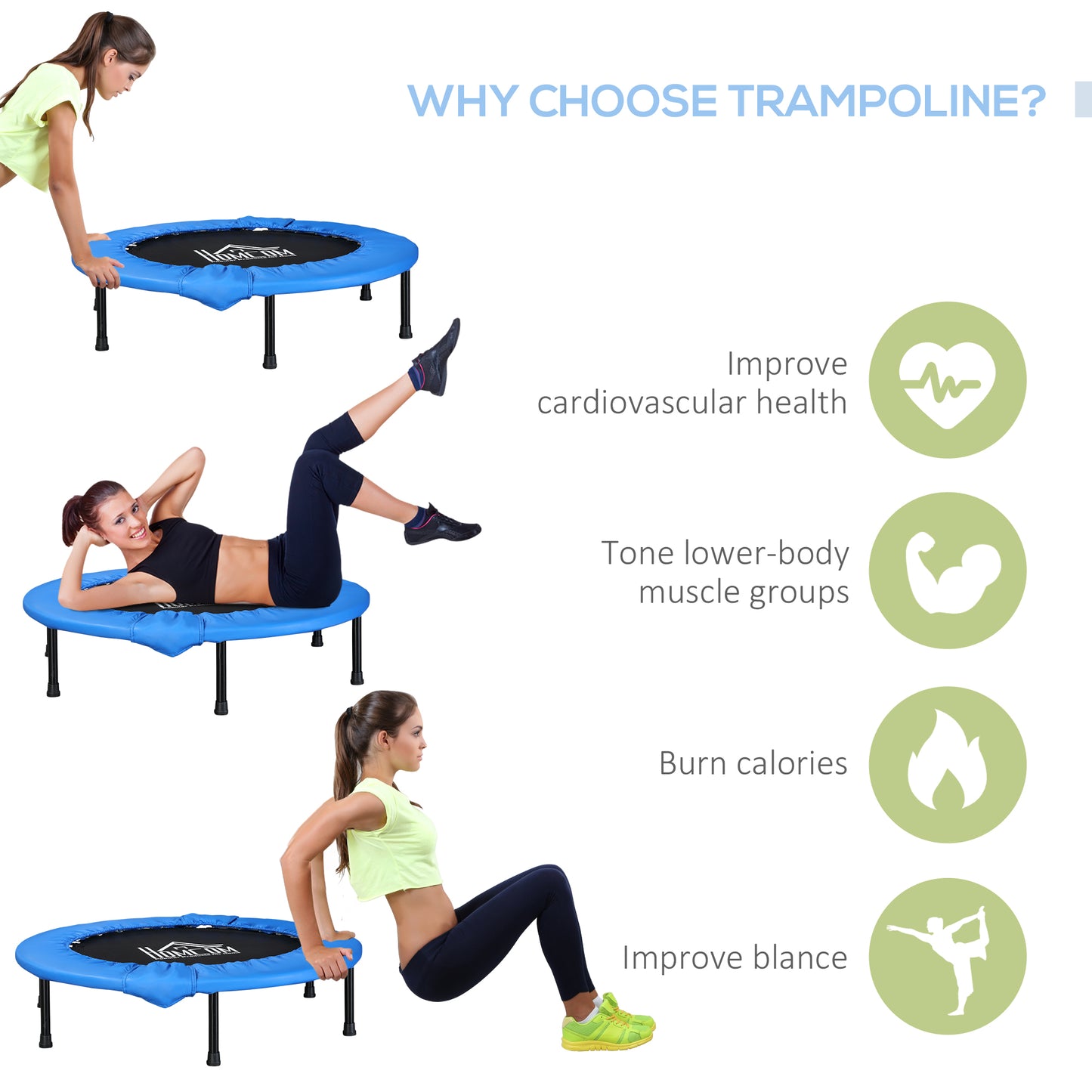 40" Mini Fitness Trampoline Home Gym Yoga Exercise Rebounder Indoor Outdoor Jumper With Safety Pad, Support Up To 150 KG, Blue And Black