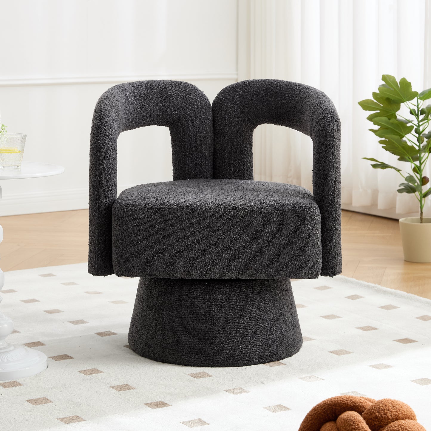 360 Degree Swivel Snuggle Barrel Accent Chairs, Round Armchairs With Wide Upholstery, Fluffy Fabric Armchair For Living Room, Bedroom, Office, Waiting Rooms, Dark Grey