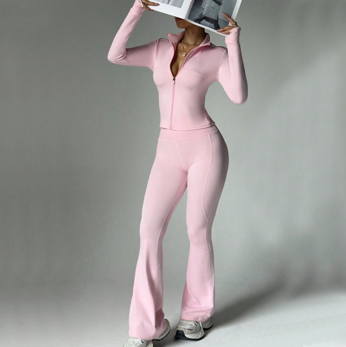 Womens Solid-Color Casual Sports Yoga Long-Sleeve Zip-Up Long Set