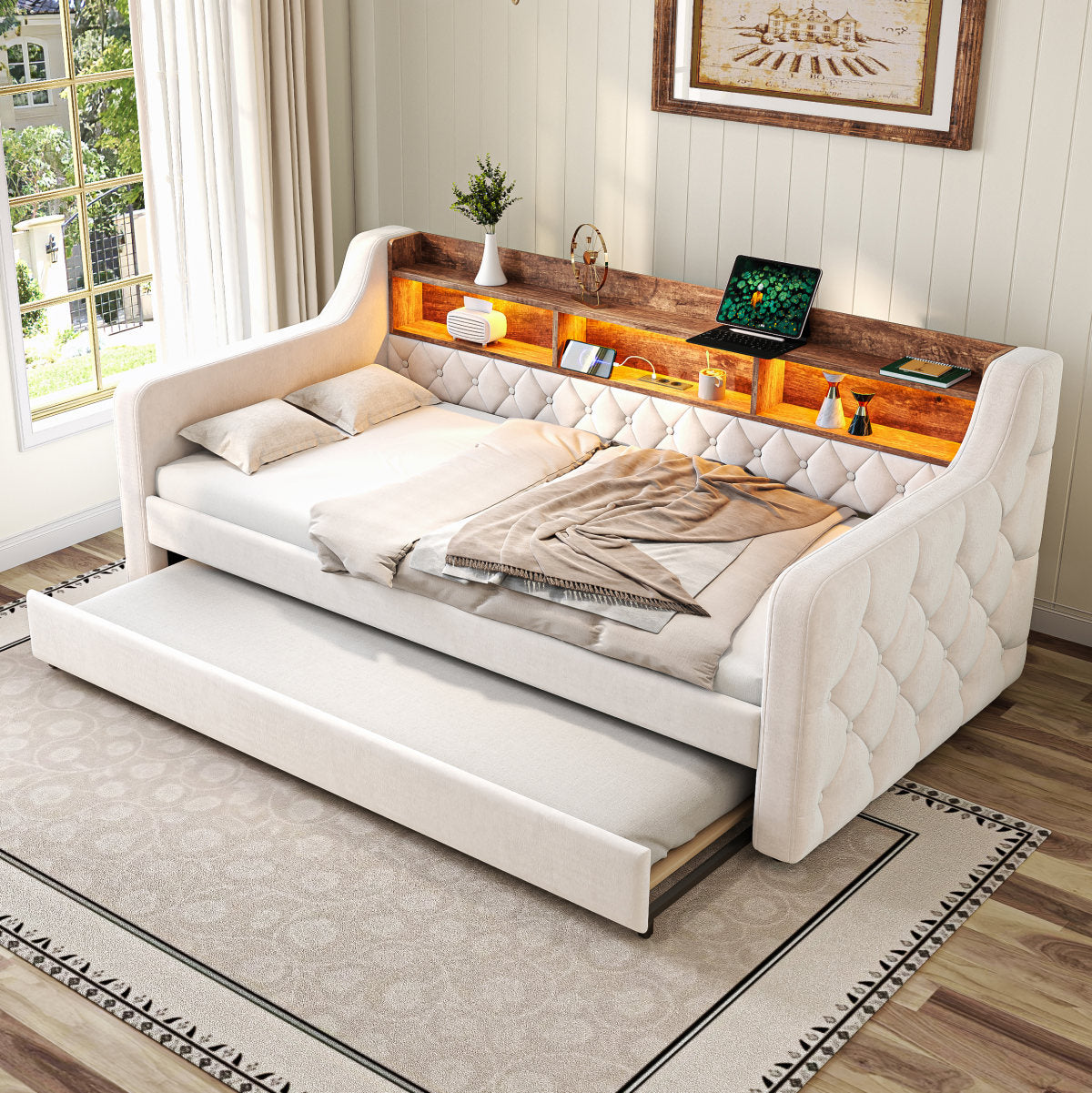 Space-saving Sofa Bed 90x190 Cm In Velvet With Storage, LED Ambiance & USB-C Port, 12 Slatted Frames & Sturdy Metal-Wood Frame  For Bedrooms, Guest Rooms, Or Youth Rooms. Beige