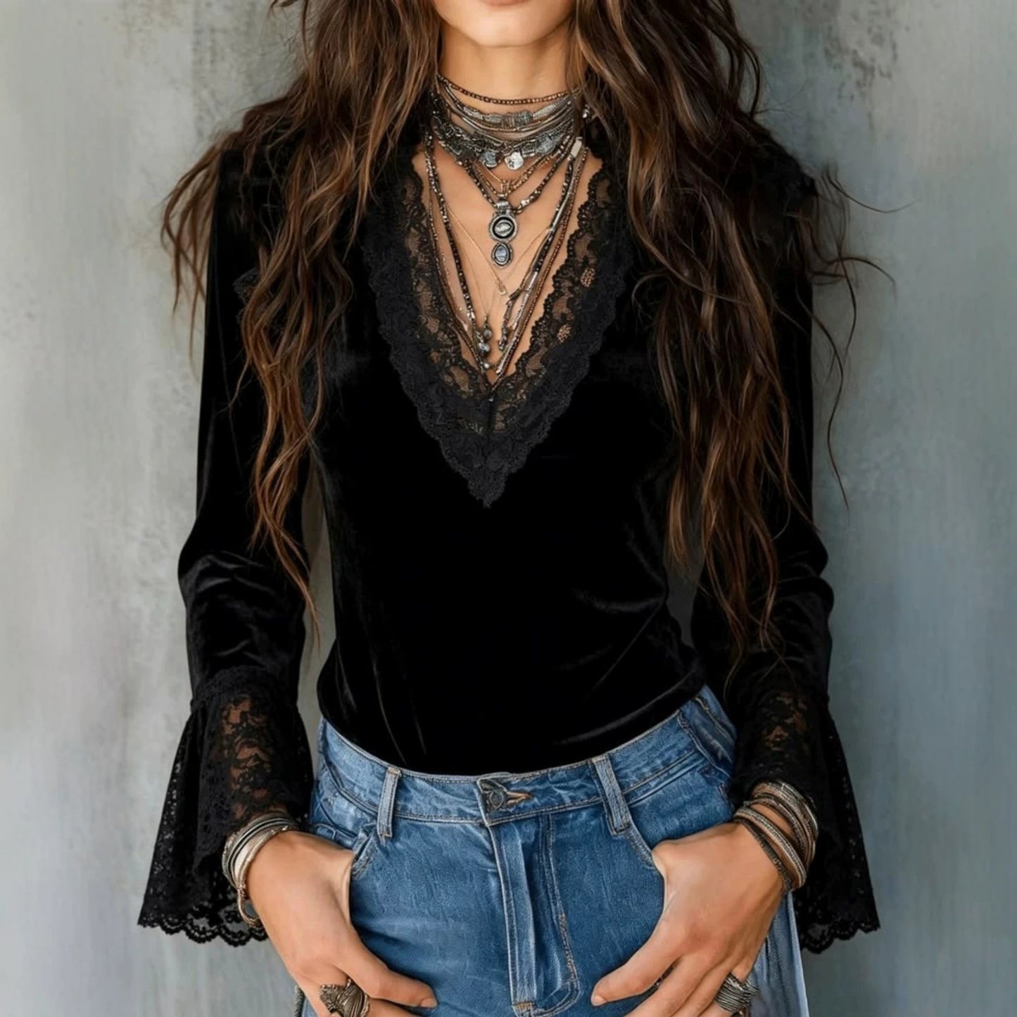 New Velvet Patchwork Deep-V Lace-trimmed Flared-sleeve Slim-fit Long Sleeves