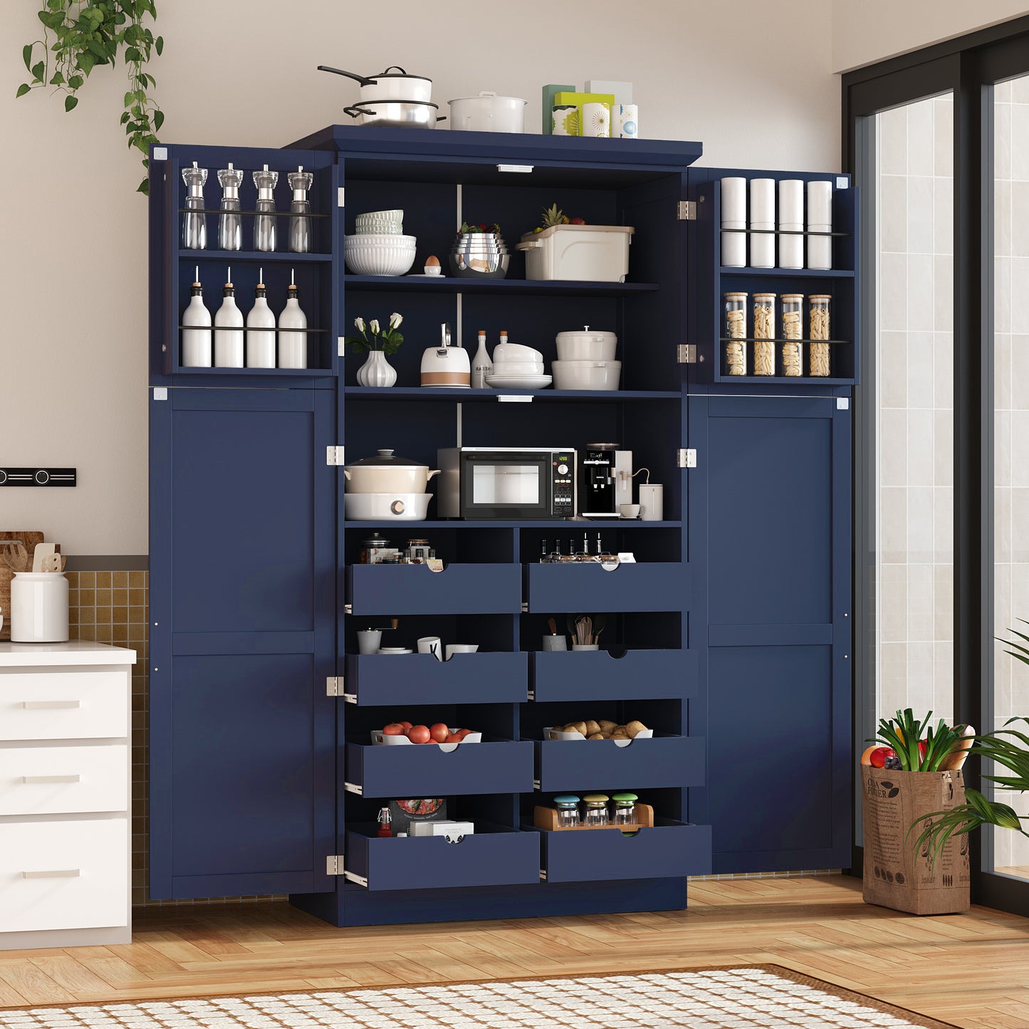 TOPMAx 35.5x17.6x70.9inch Freestanding Kitchen Pantry Cabinet  Tall Storage Cabinet With 4 Doors  2 Door Shelves  8 Pull- Out Trays And Adjustable Shelf For Dining Room  Blue