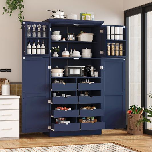 TOPMAx 35.5x17.6x70.9inch Freestanding Kitchen Pantry Cabinet  Tall Storage Cabinet With 4 Doors  2 Door Shelves  8 Pull- Out Trays And Adjustable Shelf For Dining Room  Blue