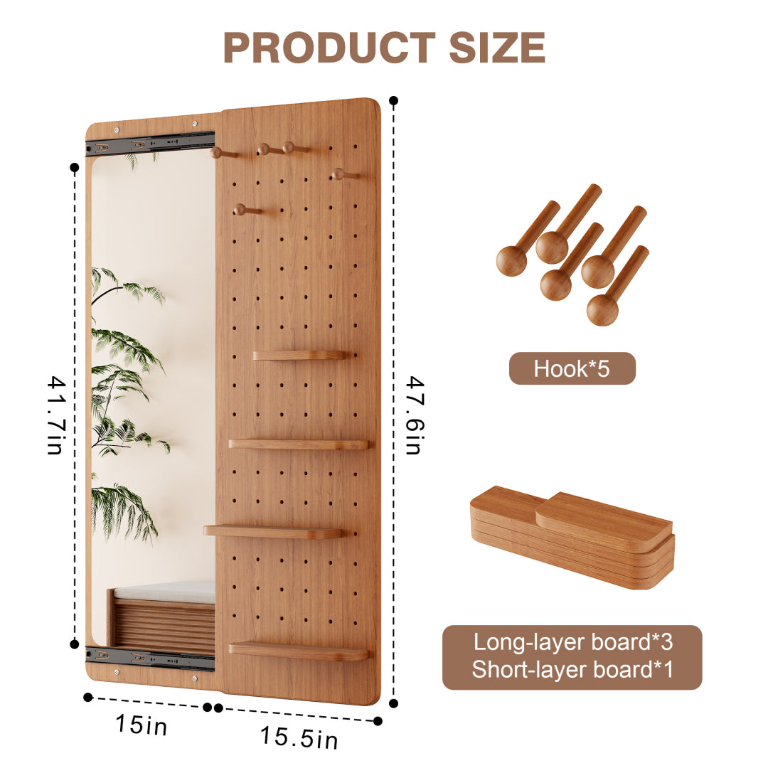 Wall Mounted Full Length Mirror, Full Body Mirror With Shelf, Full Body Mirror With Hook Wall Mounted Mirror With Multifunctional Design Panel, Bedroom Living Room Entrance Cherry 47.6x15.7in