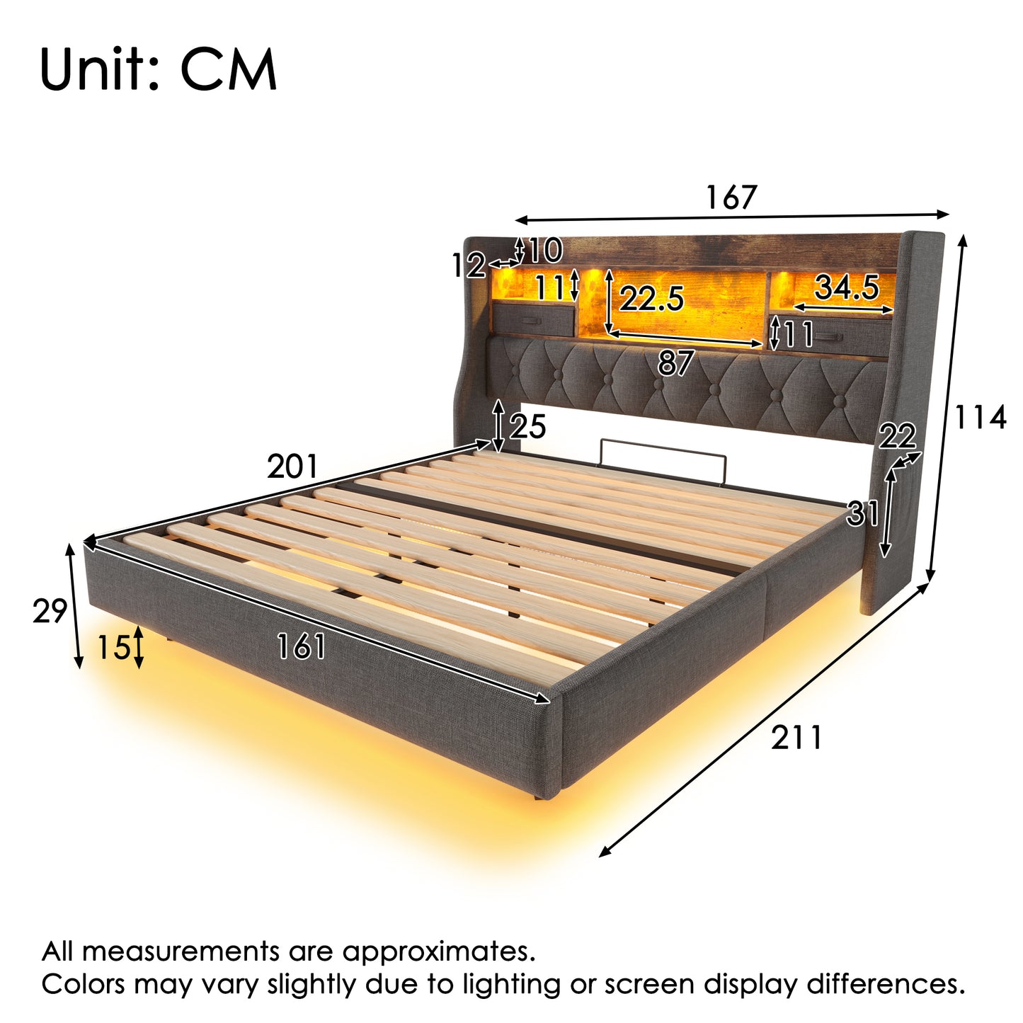 Upholstered Bed 160x200 Cm Floating Bed With LED Lighting, Headboard And Charging Station 1 Type-C, 3 USB Ports , Modern Double Bed With Storage Headboard And Slatted Base, Linen, Grey Without Mattres