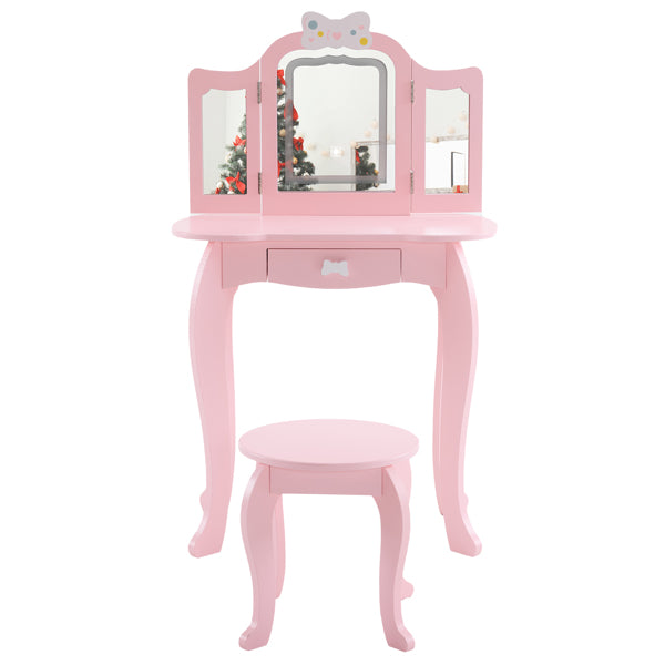 Kids Vanity Table And Chair Set, 2-in-1 Girls Vanity With Tri-Folding Mirror & 3-Color LED Lights, 1 Drawer, Pretend Play Makeup Dressing Princess Table For Toddlers, Pink