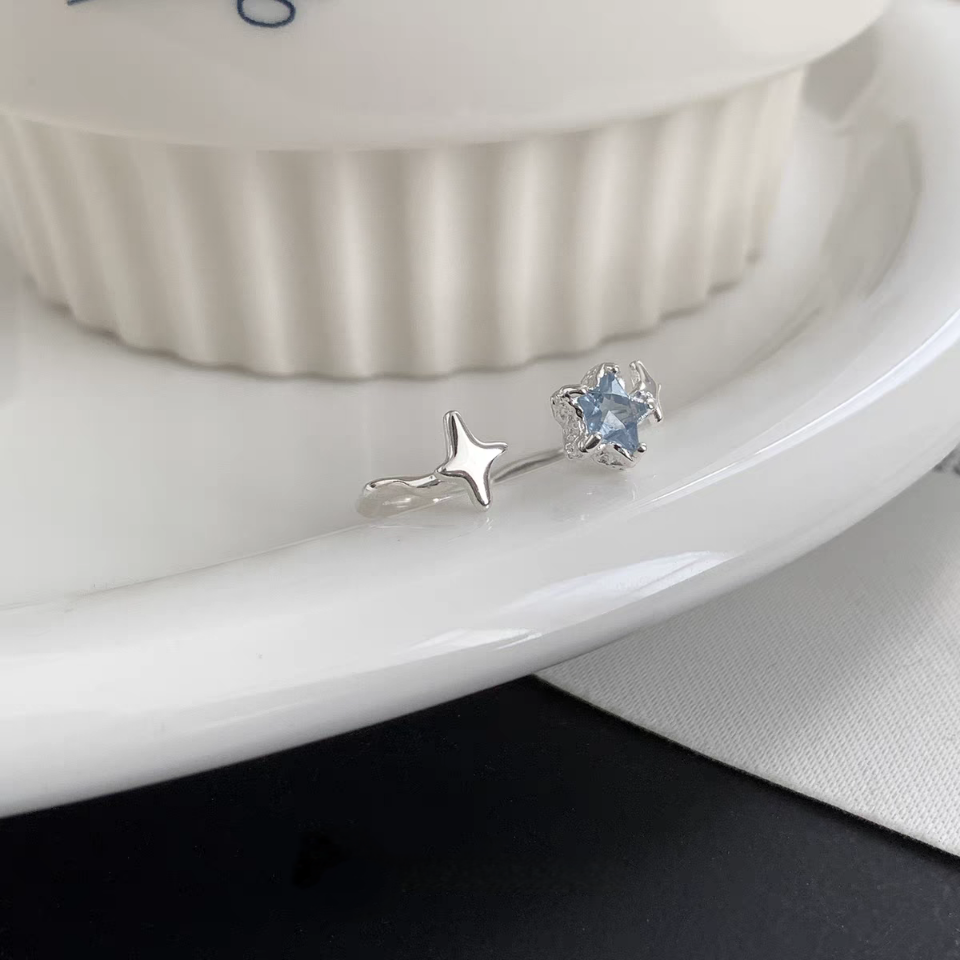 1pc 999 Sterling Silver Blue Zircon Star Open Ring, Fresh & Elegant Style, Perfect For Daily Wear & Valentine's Day Gift